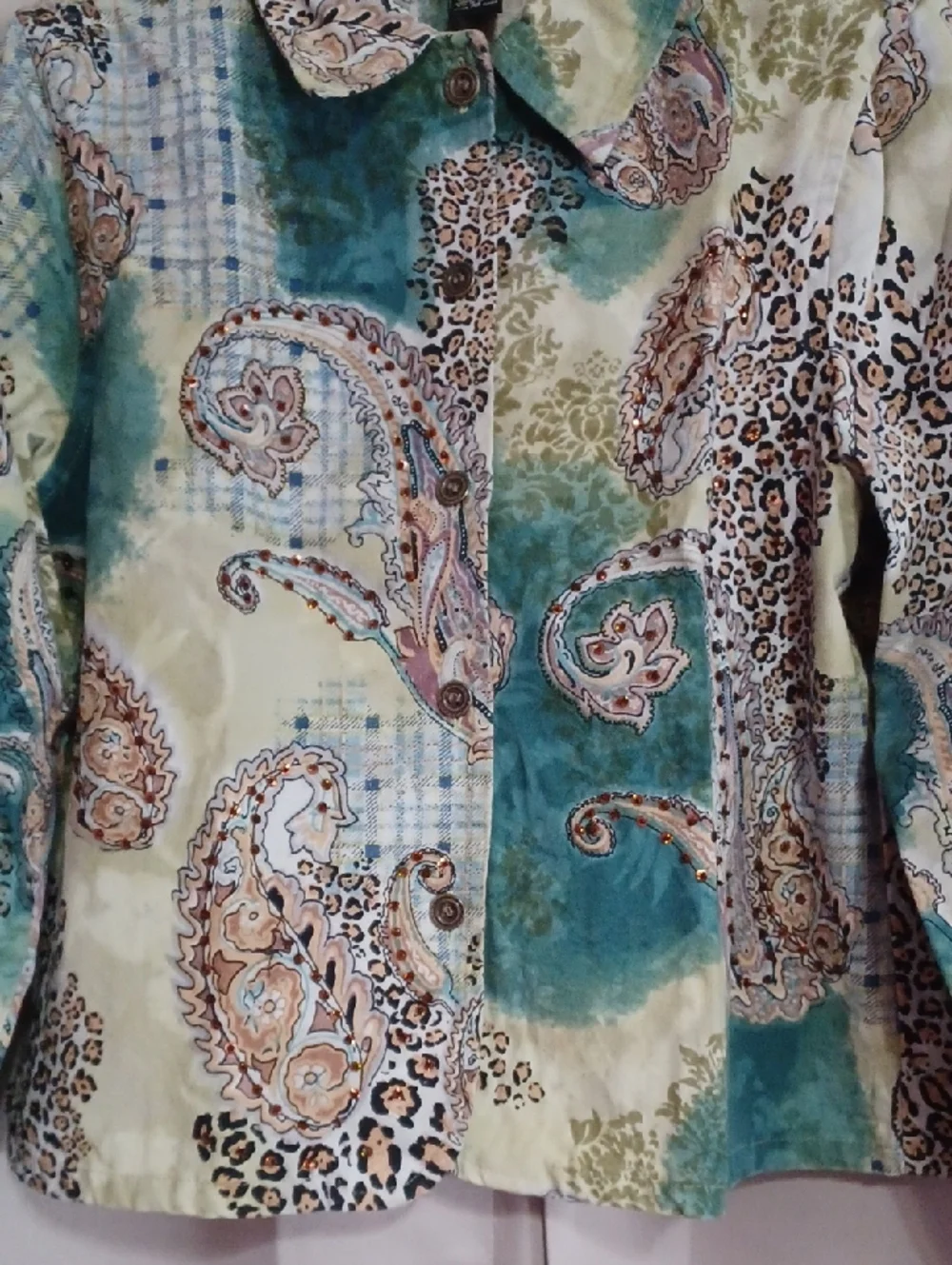 Gaudy Couture Paisley Animal Print Denim Jacket Rhinestones Button Front